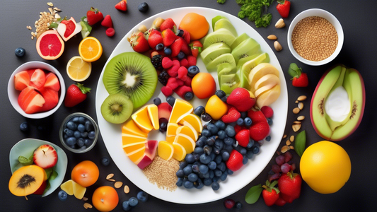 Create an image that illustrates the concept of the DASH Diet, highlighting a variety of fresh fruits, vegetables, whole grains, lean proteins, and low-fat dairy products. Include a balanced meal sett