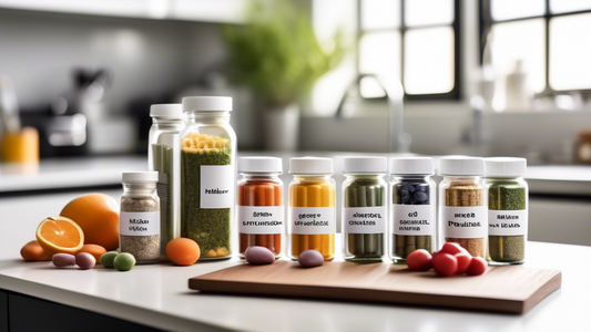 Create an image illustrating a variety of essential supplements arranged neatly on a clean, modern kitchen countertop. Each supplement bottle is clearly labeled (e.g., vitamins, minerals, probiotics).