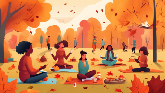 Create an image that shows a cozy autumn scene in a park with colorful leaves falling from the trees. In the foreground, depict diverse people engaging in various healthy activities: jogging, enjoying