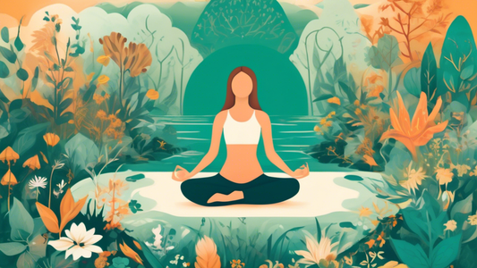 Create an image of a serene, nature-inspired setting that visually represents the concept of natural approaches to managing Polycystic Ovary Syndrome (PCOS). Include elements like a female figure prac
