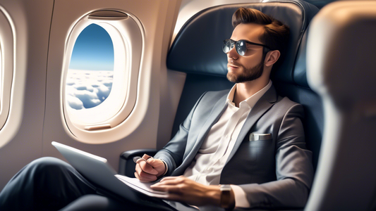 Create an image of a business traveler sitting comfortably in an airplane seat, holding a capsule labeled Pycnogenol. The atmosphere inside the plane is calm and serene, with soft lighting and a view 