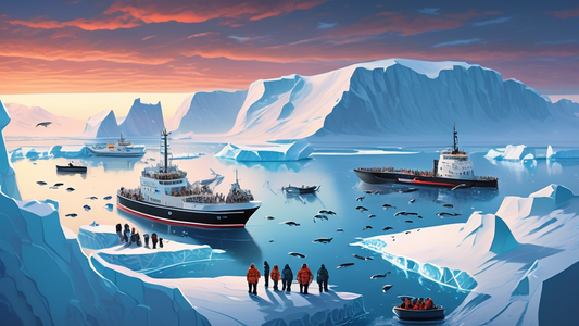 Create an image depicting a bustling Antarctic scene with scientists studying krill populations. In the foreground, a high-tech research vessel is docked amidst icy waters, with scientists clad in win