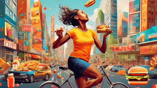 Create an image that visually explores the complexities of staying healthy in modern life. Illustrate a person juggling various elements such as fast food, exercise equipment, a busy work schedule, so