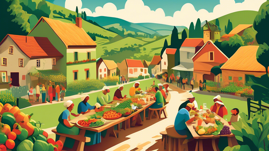 Create an image of a vibrant, picturesque village nestled in lush green hills, with villagers enjoying a communal meal at a long wooden table filled with fresh fruits, vegetables, whole grains, nuts, 