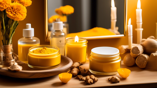A close-up image of a luxurious beauty setup featuring turmeric-based skincare products. Include a facial mask with a vibrant yellow color, a small bowl of powdered turmeric, and a glowing model apply