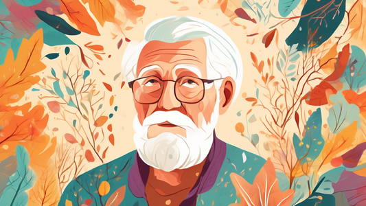 Create a digital illustration of an older adult with a vibrant and clear mind, depicted through bright, swirling brain activity and a serene expression. Surround them with natural elements like pine b