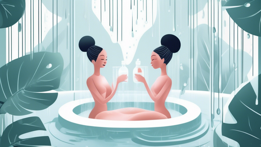 Create an illustration of a serene spa scene featuring two anthropomorphic characters, one representing collagen and the other representing hyaluronic acid. The collagen character appears as a strong,