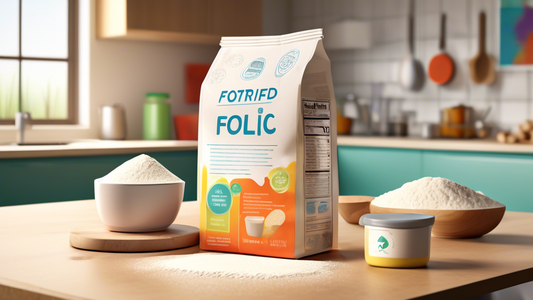 A detailed illustration showing a bag of flour with a bold label 'Fortified with Folic Acid' in a bright, modern kitchen setting. Next to it, there is a governmental document stamped 'Approved', a fam