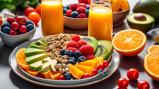 Create an image of a vibrant, healthy breakfast scene featuring a variety of colorful fruits, vegetables, nuts, and seeds. Display a glass of freshly squeezed orange juice, a bowl of mixed berries, a 