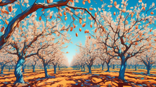 Create an image of a vibrant, lush almond orchard under a clear blue sky, with close-ups of almonds in their natural state on the trees. Incorporate an artistic rendering of a heart with arteries and 