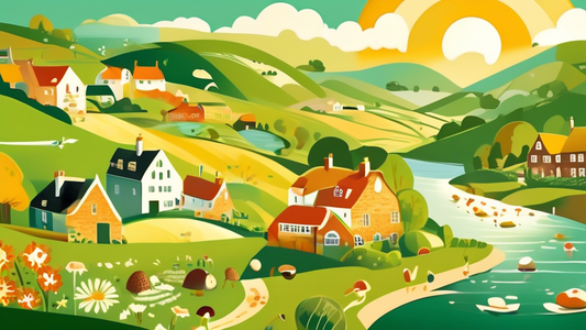 Create an artistic image of a sunny British countryside with green rolling hills and charming cottages. In the foreground, depict a radiant sun with rays highlighting a range of Vitamin D rich foods l