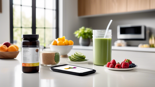 A high-resolution image of a modern, sleek kitchen countertop with various neatly organized dietary supplements in clear containers. Next to them is a smartphone displaying a nutrition tracking app. A