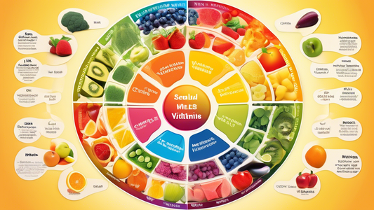 Create an image of a vibrant, colorful wheel of vitamins and nutrients, with each segment dedicated to different age groups - children, teenagers, adults, and seniors. Each segment should display a va