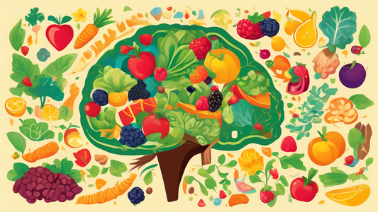 Create an image that portrays a vibrant human brain surrounded by a variety of healthy foods such as leafy greens, nuts, berries, and fish. Include elements that represent mental activities like books