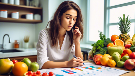 Create an image showing a young woman in her 20s looking concerned as she examines a health chart in her hands. Surround her with various fruits, vegetables, and supplements, with a few highlighted in