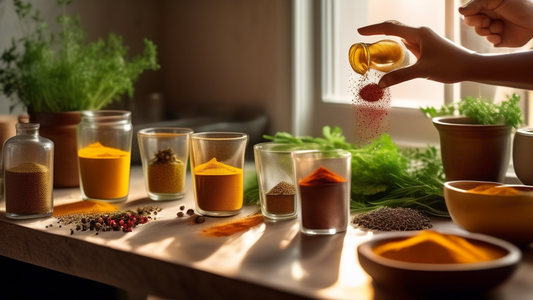 Create an image of a serene kitchen with sunlight streaming through the window, highlighting a variety of vibrant spices on a counter. In the center, a hand is gently sprinkling turmeric into a glass 