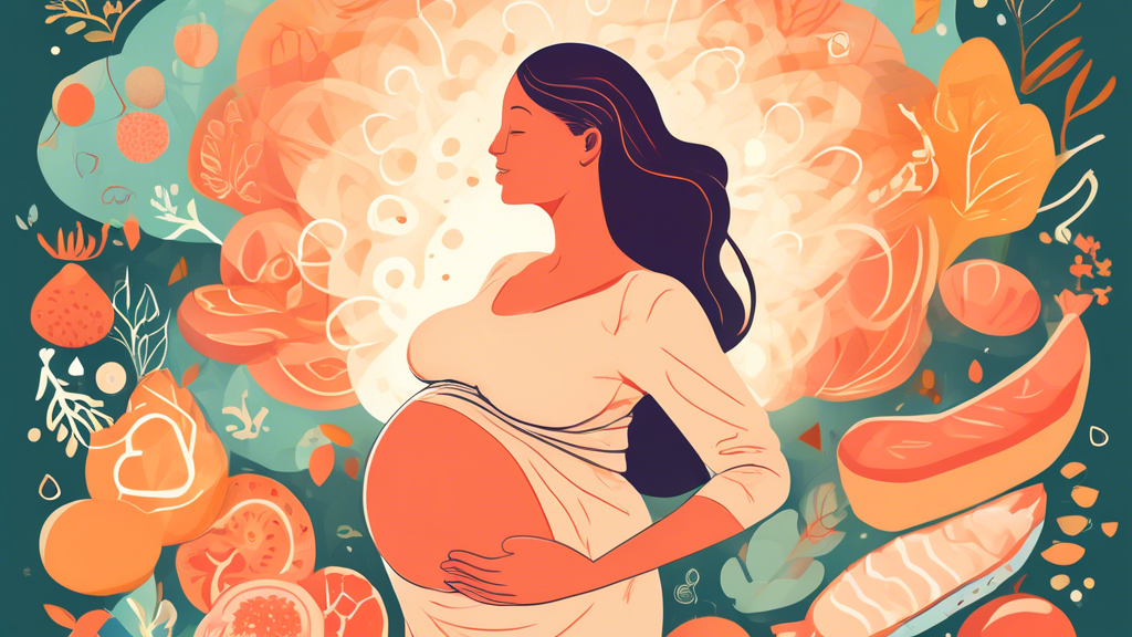 Create an illustration of a pregnant woman with a glowing aura around her belly, symbolizing the baby's developing brain and vision. Include imagery of healthy foods rich in Omega-3s, such as salmon, 