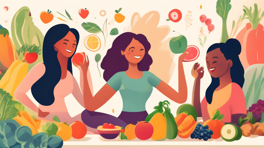 Create an illustration showcasing a diverse group of women engaging in various healthy activities, such as eating a balanced meal with colorful fruits and vegetables, practicing yoga, and enjoying a n