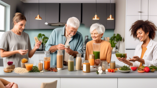 Create an image depicting a variety of people in different settings using Ashwagandha supplements. Include scenes of individuals in a modern kitchen taking Ashwagandha capsules, a stressed office work