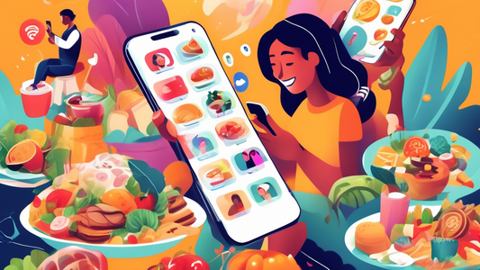 A vibrant digital illustration of a person scrolling through social media on their smartphone, with various food images and posts appearing around the phone screen. Each food post has a social media h