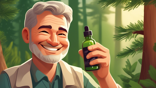 Create an illustration of a peaceful, middle-aged man surrounded by lush, green nature. Show him holding a small bottle labeled Pycnogenol and smiling confidently. In the background, incorporate subtl