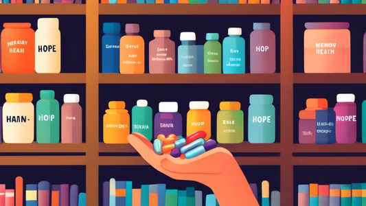 Create an image of a person's hand holding a variety of supplements in front of a serene and well-lit background of a library with bookshelves. In the background, there are shelves specifically labele