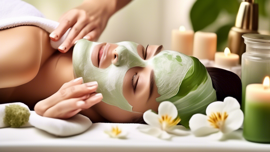 Create an image of a serene spa setting where a person is receiving a luxurious facial treatment. Highlight various elements related to skincare such as a radiant face mask, vibrant fresh algae and as