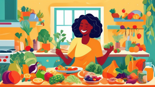 Create an image of a cheerful person sitting at a sunny kitchen table, surrounded by an array of colorful, high-fiber foods such as fruits, vegetables, whole grains, and legumes, with a calming backgr