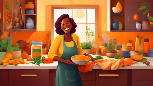 A vibrant, realistic depiction of a smiling post-menopausal woman in a cozy kitchen, preparing a healthy meal with fresh ingredients including turmeric. The kitchen is adorned with warm, inviting colo