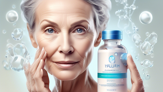 Create a high-definition, photorealistic image of a mature woman with smooth, glowing skin holding a bottle of hyaluronic acid supplements. Surround her with subtle scientific symbols like molecular s