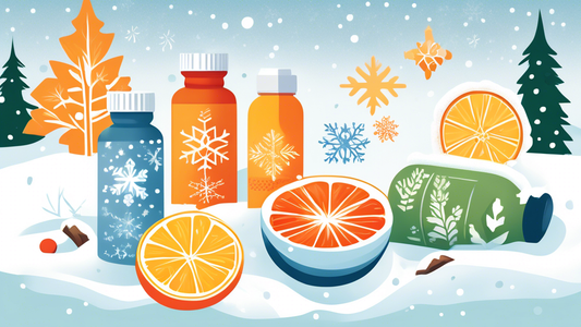 Create an illustration featuring three essential winter supplements prominently displayed against a snowy backdrop. Include vitamin D, featuring a sun icon on the bottle, vitamin C with citrus fruits 