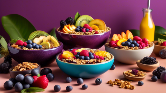 An elegant, brightly colored kitchen scene featuring an array of acai bowls topped with granola, fresh fruits, and nuts. Highlight the acai bowls emitting a soft, radiant glow to signify their 'prebio