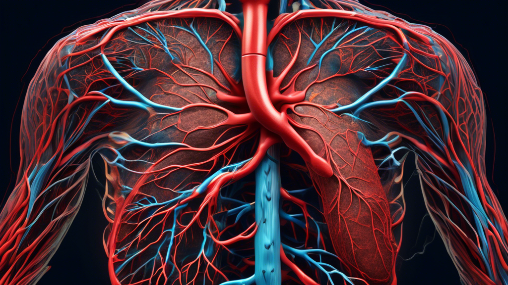 Create a detailed digital illustration showcasing a human circulatory system with vibrant, healthy veins and arteries. Highlight the incorporation of Pycnogenol, depicted as an extract from pine bark,