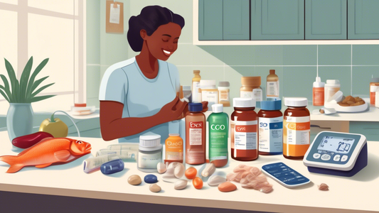 Create a detailed illustration showing various supplements that help manage high blood pressure. Include clearly labeled bottles of Omega-3 fish oil, magnesium, potassium, CoQ10, and garlic extract, a