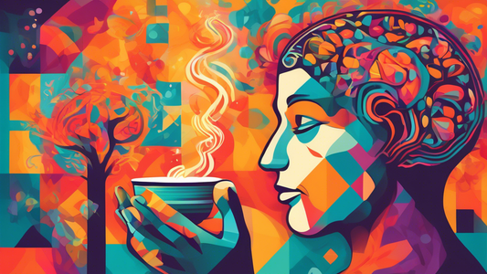 Create an image depicting a serene scene of a person drinking tea, with a background showing a highly organized, vibrant, and colorful representation of a brain. Include symbols or elements that sugge